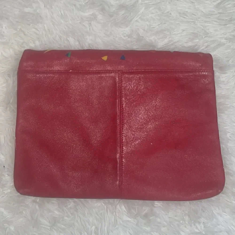 Vintage Red Leather Cutout Clutch with Colorful Detailing